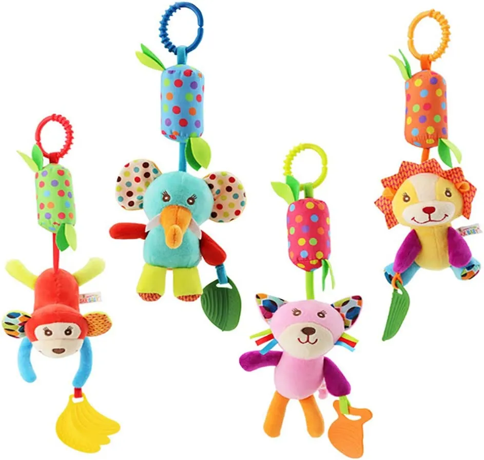 Baby Hanging Rattles Toys Colorful Animal Bell Soft Baby Sensory Rattles Toys with Teether for Babies Boys and Girls
